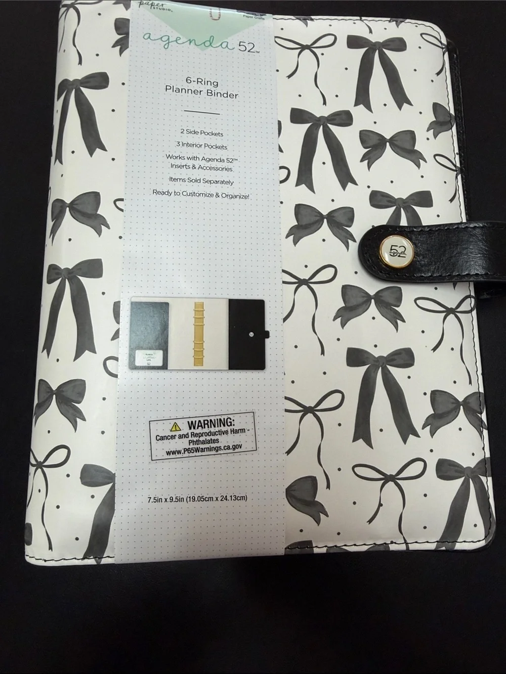 Agenda White Planner Binder with Black Bow Pattern